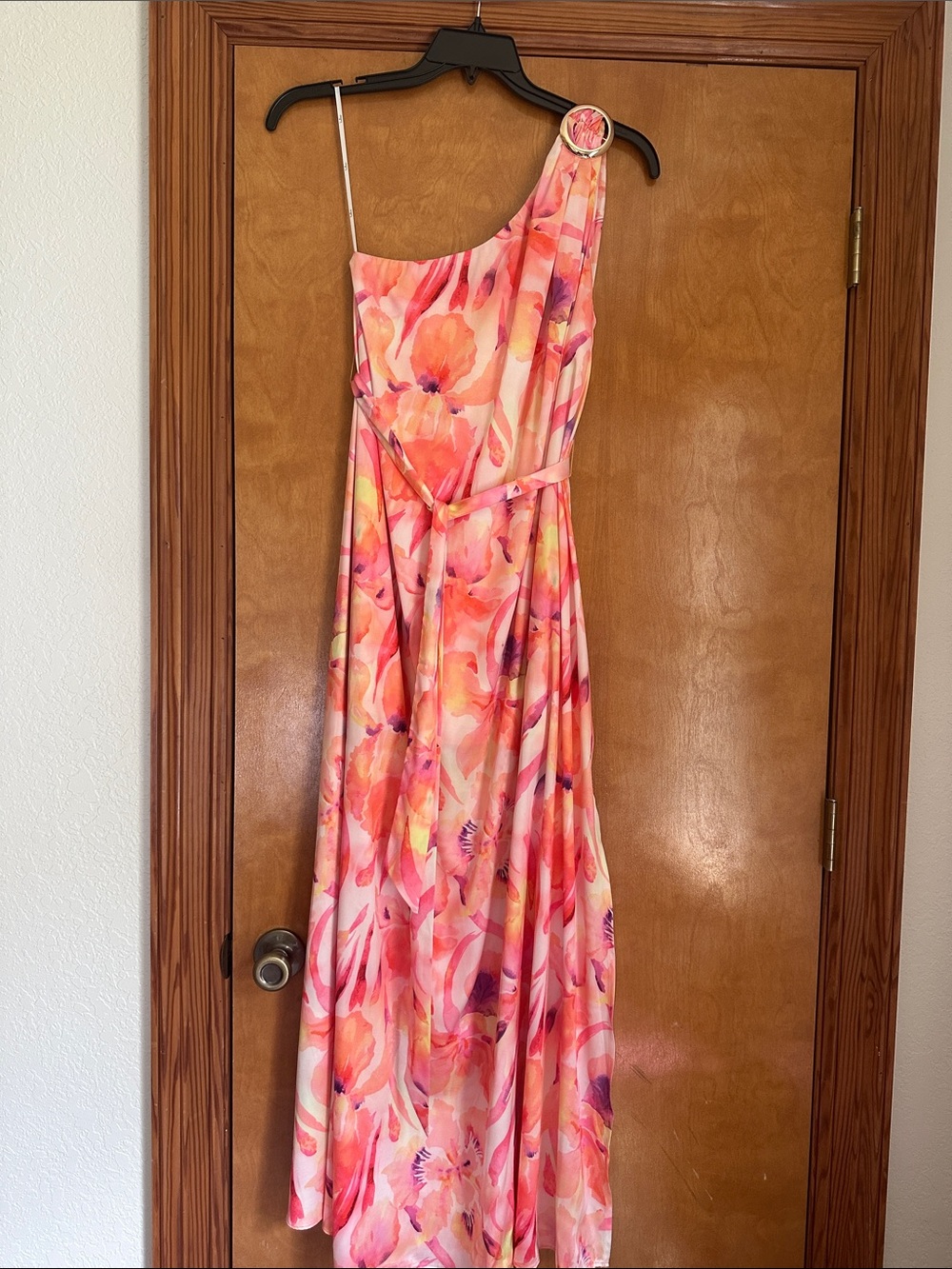 Lulu's Coral & Pink One-Shoulder Floral Maxi Dress